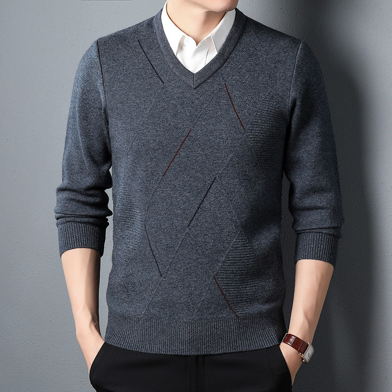 2024 outono inverno novo estilo com decote em v camisola masculina engrossado coração-pescoço camisola pai usar Jacquard