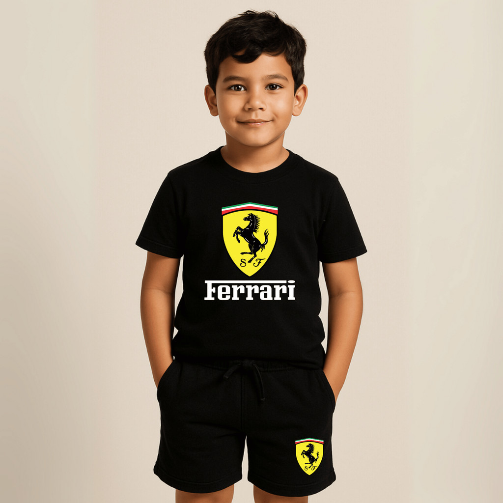 Lindo Conjunto Infantil Kit Camiseta e Short Moletom  Ferrari Meninos Bermuda Moletinho e Camisa 100% Algodão Premium