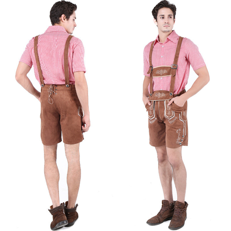 Europeu europeu americano adulto masculino alemão cerveja Festival traje vermelho verificado camisa suspensórios terno d