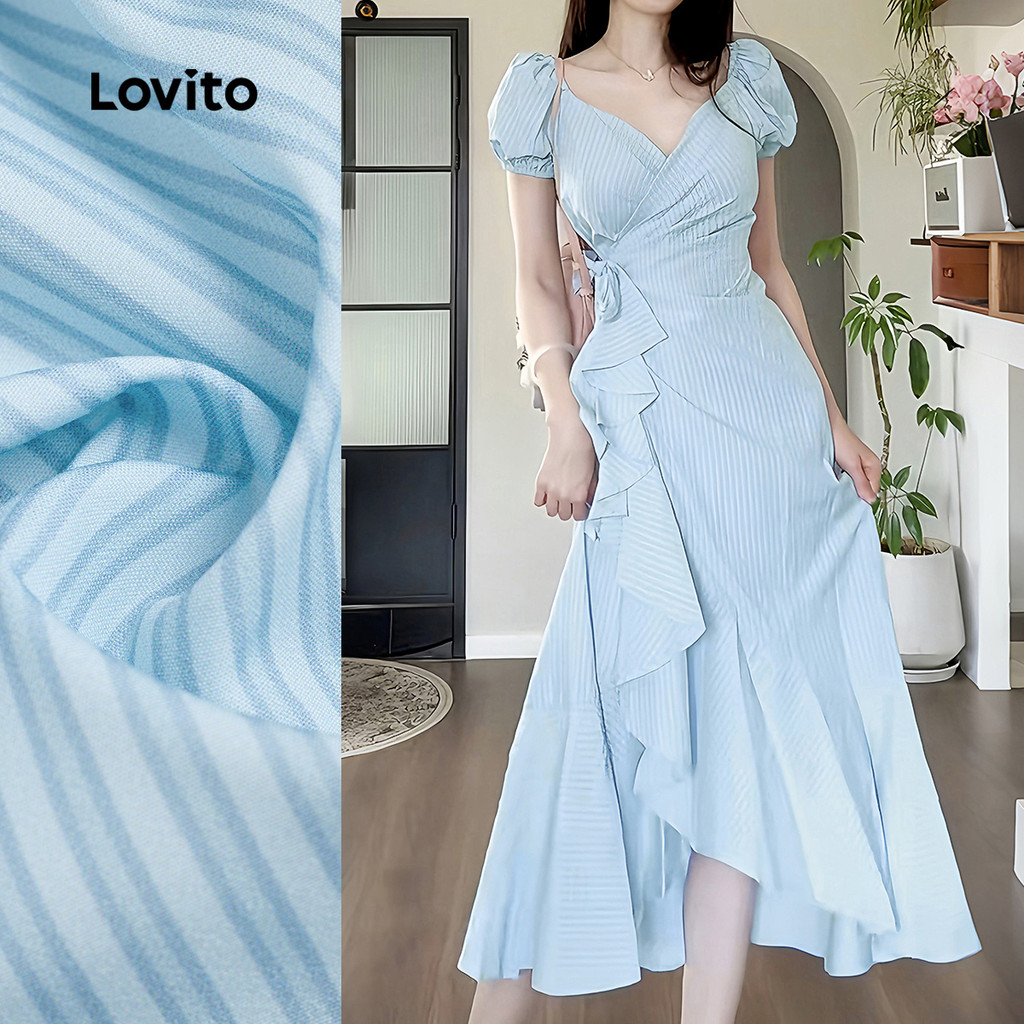 Lovito Vestido Elegante Envelope com Babado Primavera/verão Azul para Mulheres L165ED1507 em Oferta na Shopee
