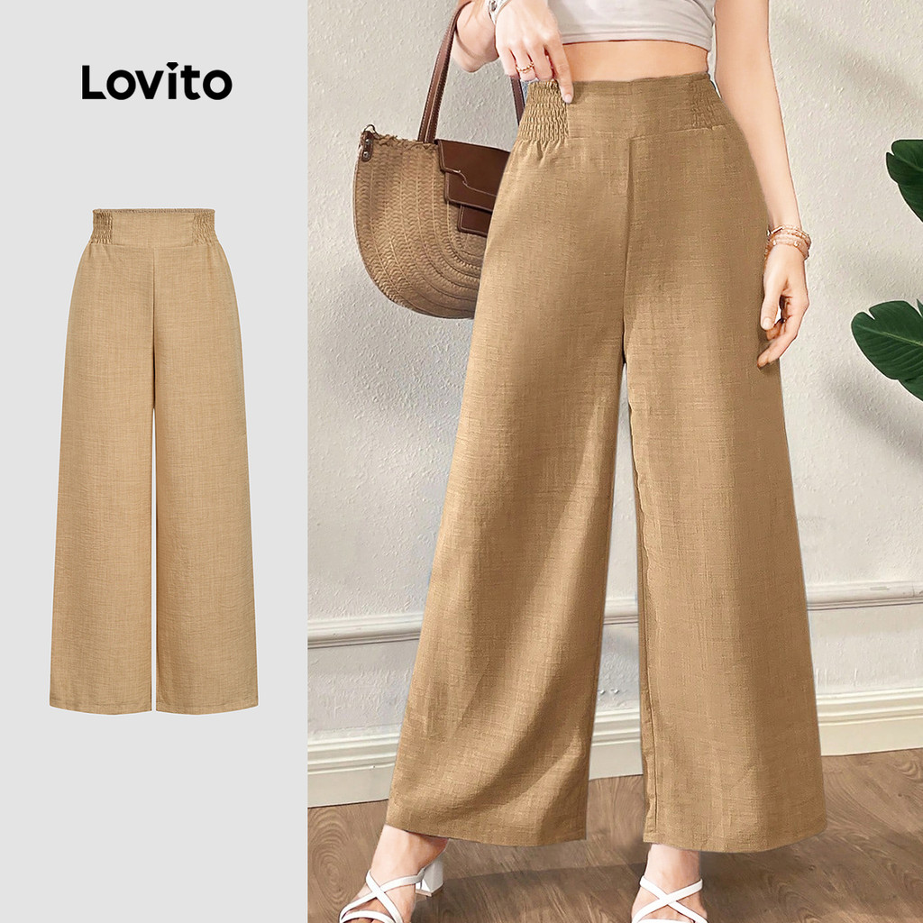 Lovito Calças Casuais Clássicas E Versáteis Com Pregas E Franzido Na Cor Cáqui Primavera/verão Para Mulheres L164ED335 em Oferta na Shopee