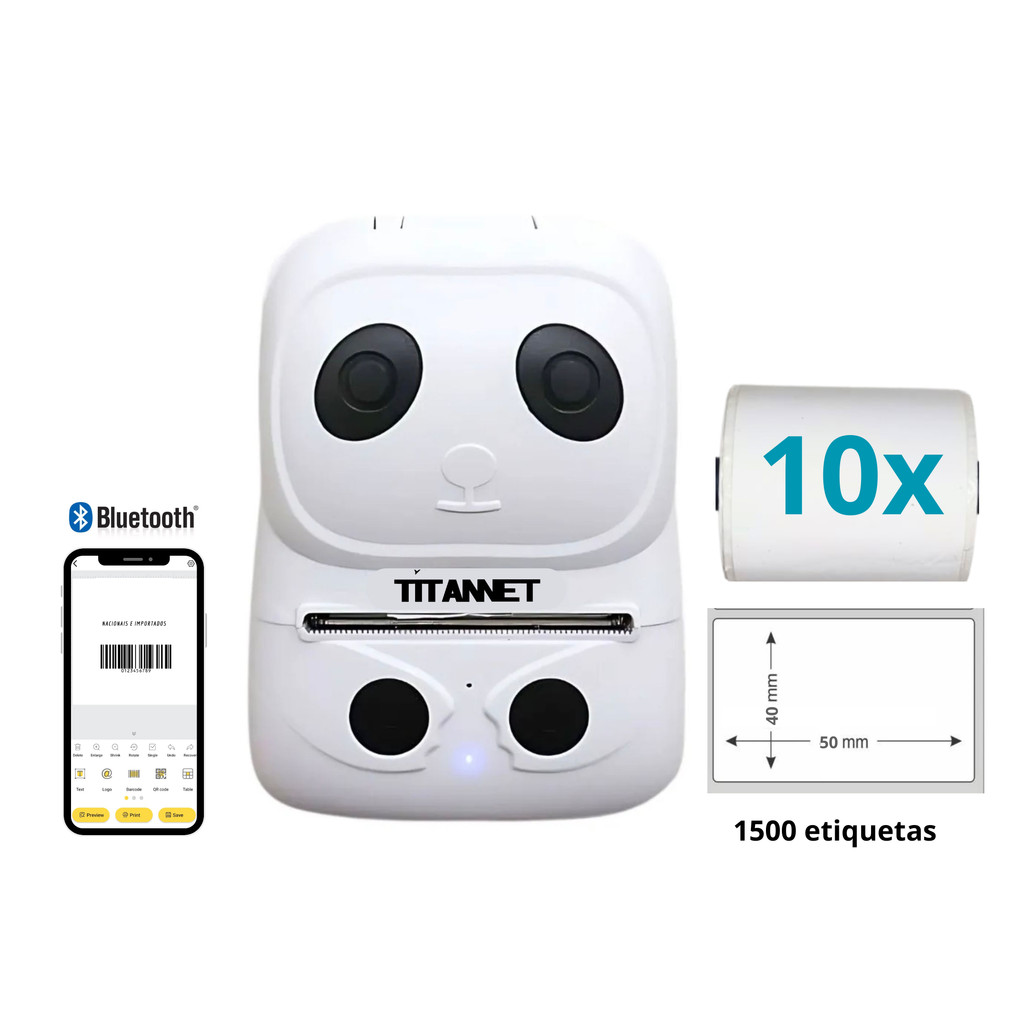 Impressora Bluetooth + 10 Rolos Etiquetas Adesivas 50x40