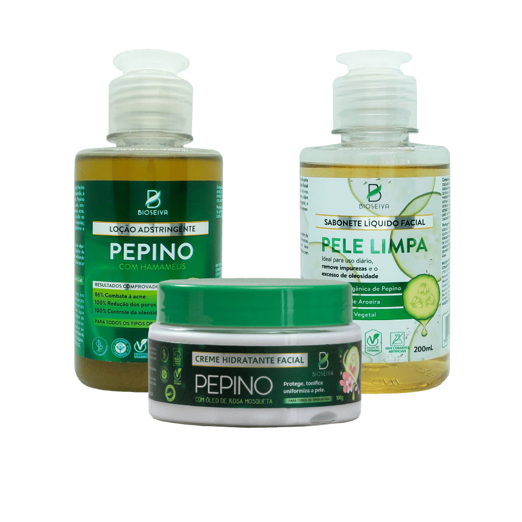 Kit Facial Vegano BioSeiva - Pepino - Loção + Sabonete + Hidratante - Hidrata e Purifica a Pele