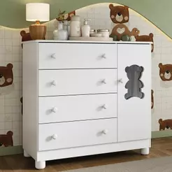 Cômoda Infantil para Bebê 95 cm 1 Porta com Vidro e 4 Gavetas Fofura Multimóveis MP4484