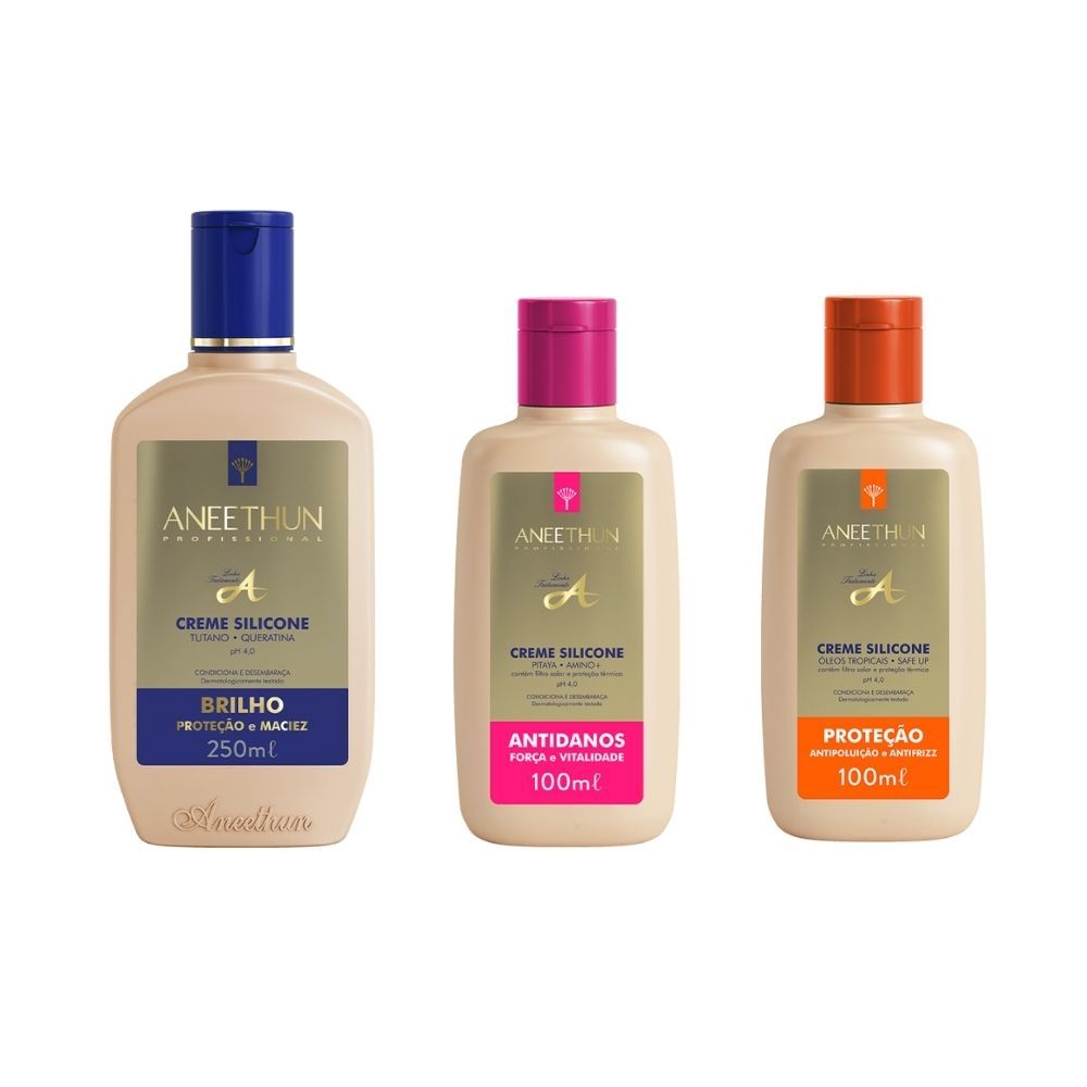 KIT 3 ANEETHUN CREME SILICONE BRILHO, PROTEÇÃO, ANTIDANOS- RESTAURAÇÃO ANTIFRIZZ, PROTEÇÃO
