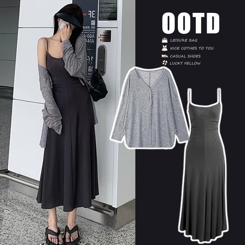 Maternidade primavera vestido 2026 novo estilo Suspender saia de duas peças moda terno início do outono moda saia elegan