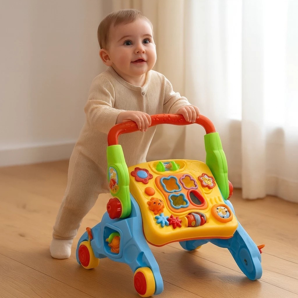 Andador Mesa Didático 4 em 1 Musical Bebê Apoio Empurrador Carrinho Brinquedo Oferta