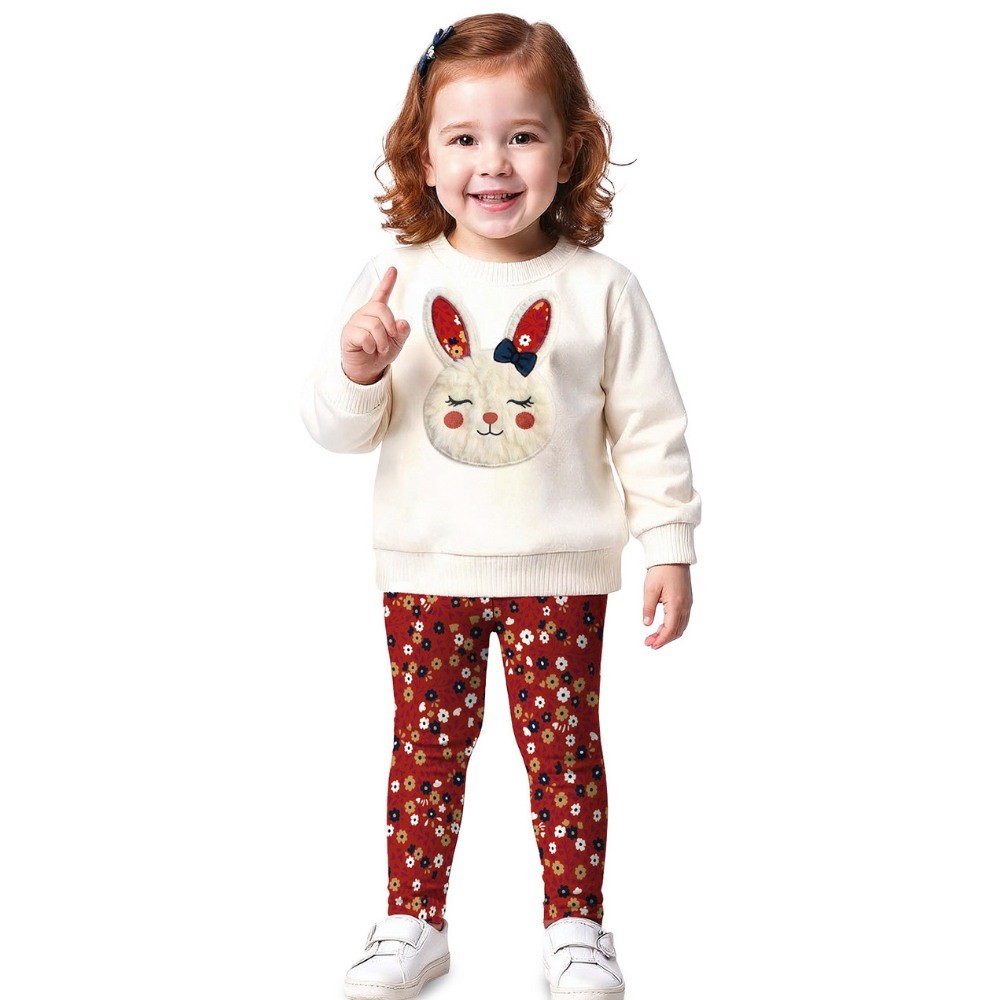 Conjunto Menina Kyly Casaco em Moletom e Legging Molicotton Coelhinha Off/Vermelho