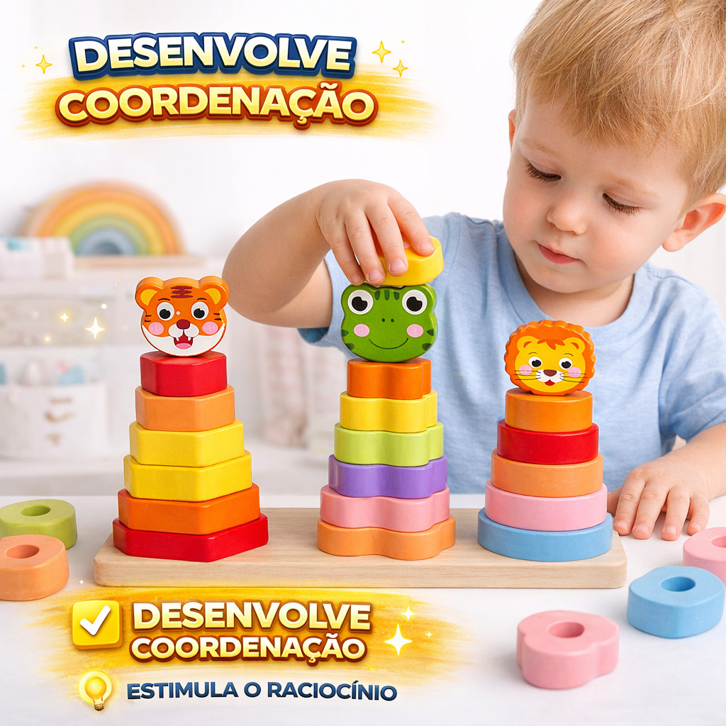 Brinquedo Educativo Infantil Torre Empilhar Animais 22 Peças Coordenação Motora