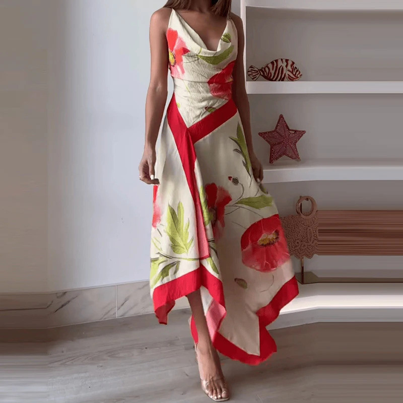 Vestido Feminino Irregular de Ombro Caído para Férias, Moda Feminina, Vestido Maxi de Praia Sem Mangas, Vestido Longo Es