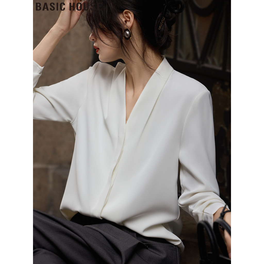 Casa básica/casa básica francesa branca camisa de manga comprida Commuter Formal Wear camisa de fundo interno feminina 2