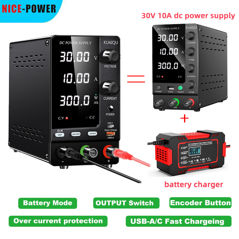 KUAIQU 30V 10A Fonte de bancada, Fonte de alimentação para teste de BMS e carregamento de baterias 3.7V, 4.8V, 12V e 24V