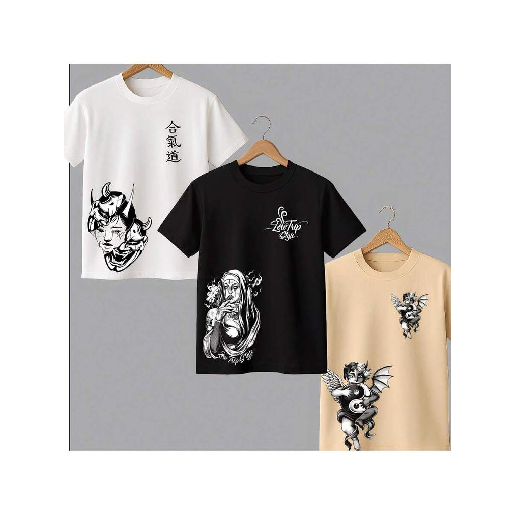 Conjunto 3 Kit Camiseta Masculina Algodão Premium Infantil Adulto Plus Size Streetwear Carranca , La Freira, anjo