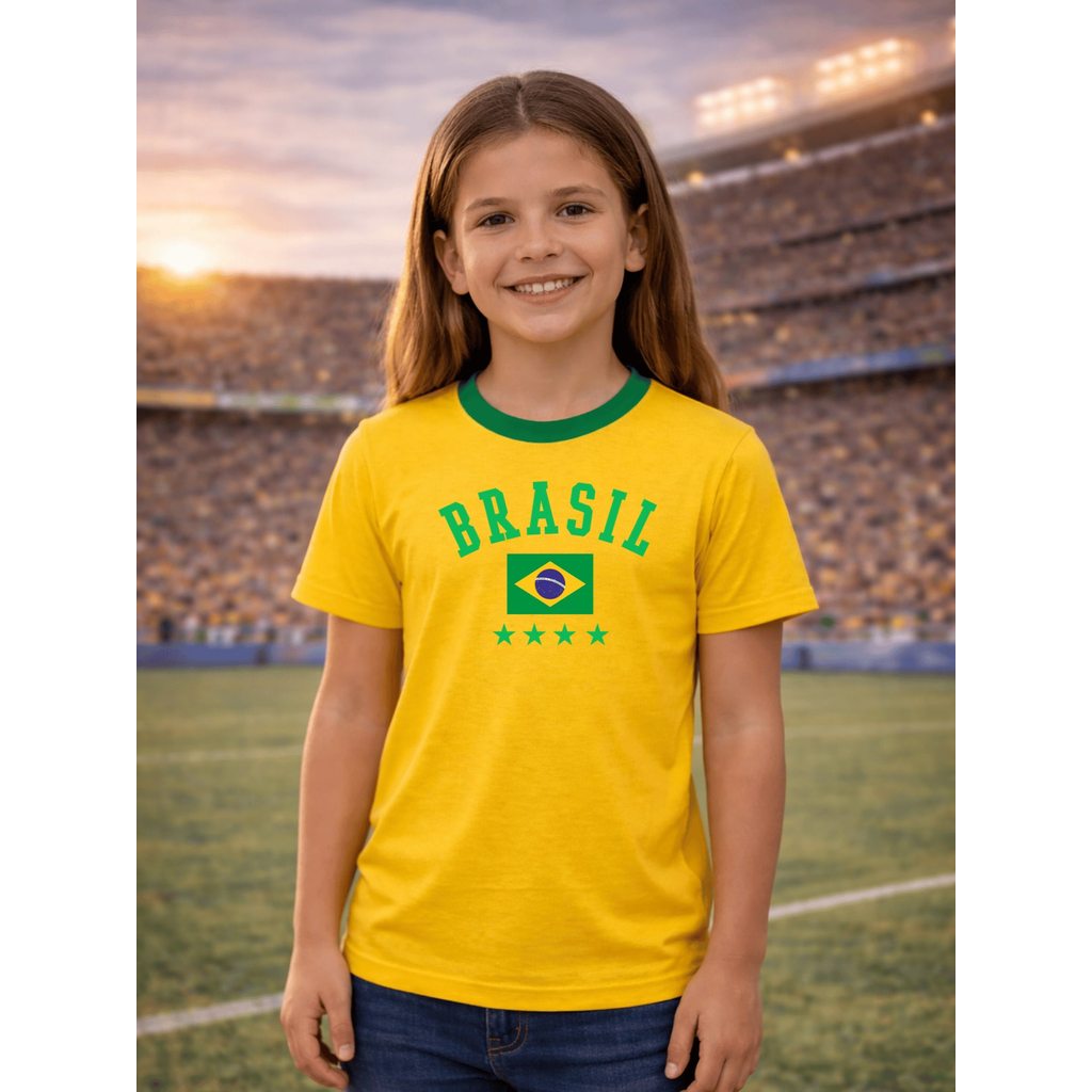 Camiseta infantil BR COPA do mundo  blusa estampada Brasil Seleção Retro Tetra 4 estrelas  VERDE macia malha 26.1