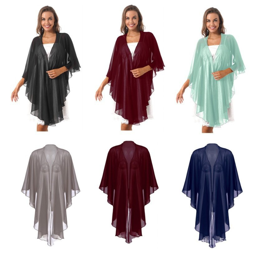 Bolero de Manga 3/4 Elegante, Assimétrico, em Chiffon, Xale, Capa de Noite, Capa de Noiva 8452 I82E