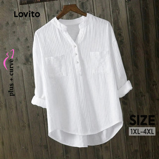 Lovito Casual Blusa Curva Plus Size Blusa Jacquard Com Botão Liso Promoção Para Mulheres LBL16672