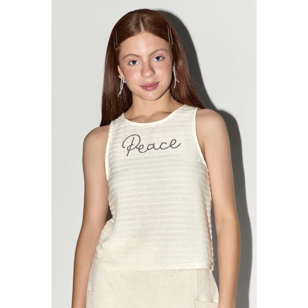 Regata Juvenil Menina Linho Listrado Beats Bege em Oferta na Shopee