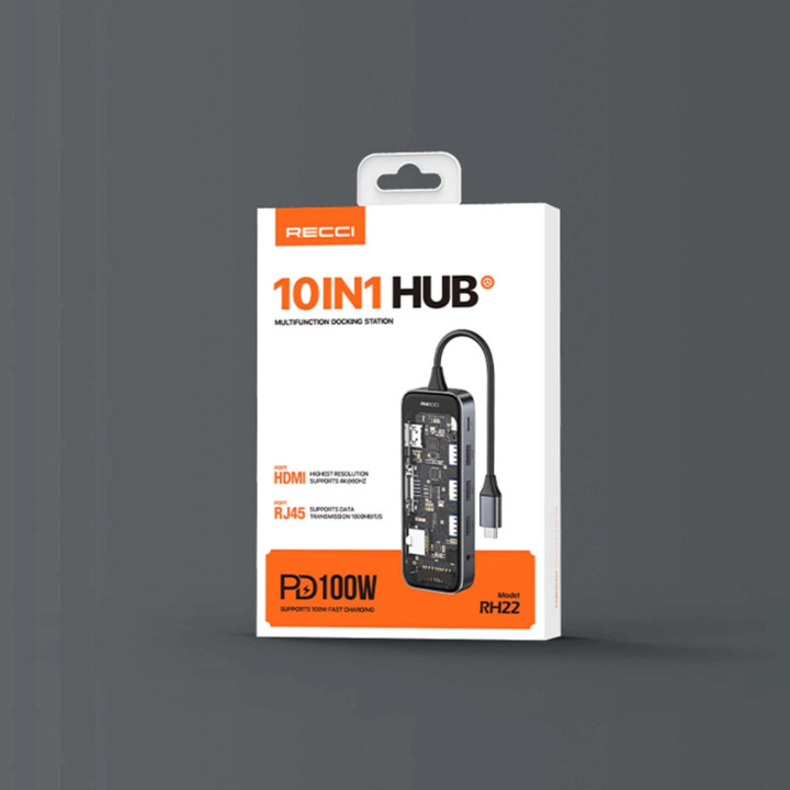 HUB Docking Station 10 Em 1 Tipo C HDMI 4K, USB 3.0,  Cabos Dados Carregador 100W Alumínio Modelo RH22