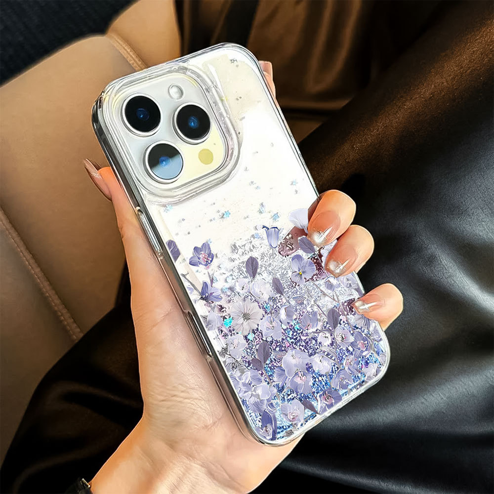 Flor Líquido Glitter Capinha Lantejoulas Capa Para iPhone XR XS 11 12 13 14 Plus 15 16 17 Ar Pro Max Silicone Anti-fall