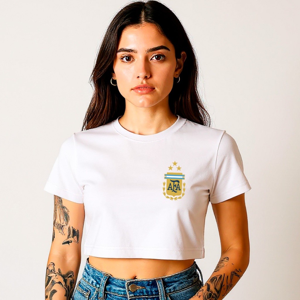 Camisa Camiseta Cropped Argentina Lionel Messi Futebol Blusa 100% Algodão Premium Adulto Feminino