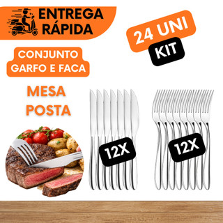 JOGO DE TALHERES 24 UNIDADES 12 GARFOS 12 FACA INOX ACO FAQUEIRO ALMOÇO RESTAURANTE BUFFET PREMIUM