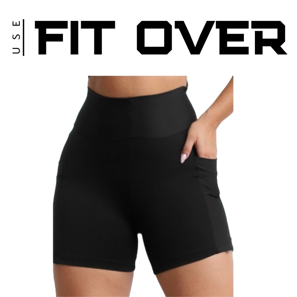 short fitness feminino preto COM BOLSO - fitness - suplex - academia - cross fit - fit over - zero transparência