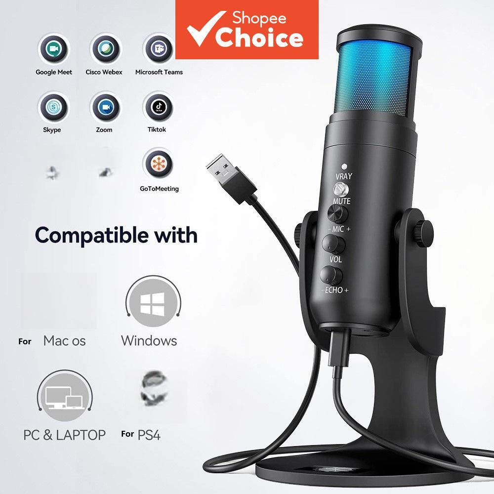 Microfone USB com condensador RGB com pedestal, conexão Plug-and-Play para PC, ideal para jogos, streaming e podcast