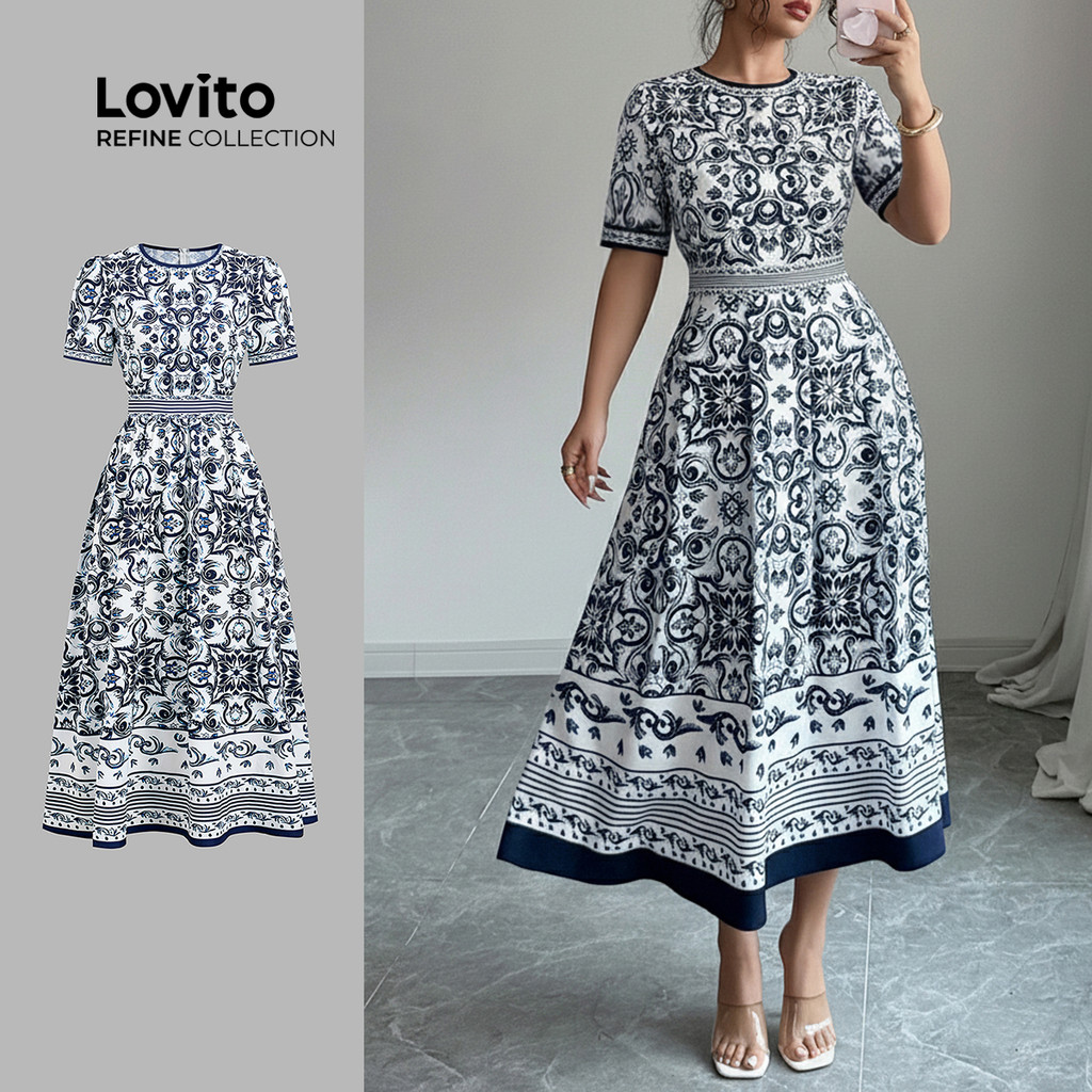 (Lovito Refine) Vestido Boho Primavera/verão Azul para Mulheres LR26L054 em Oferta na Shopee