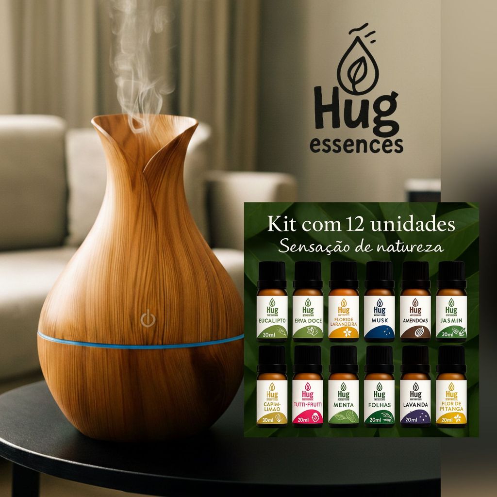KIT Umidificadores Vasos+ Essencias  / Doce/Citrico/ USB Tipo Madeira Led 130ml Marrom Escuro
