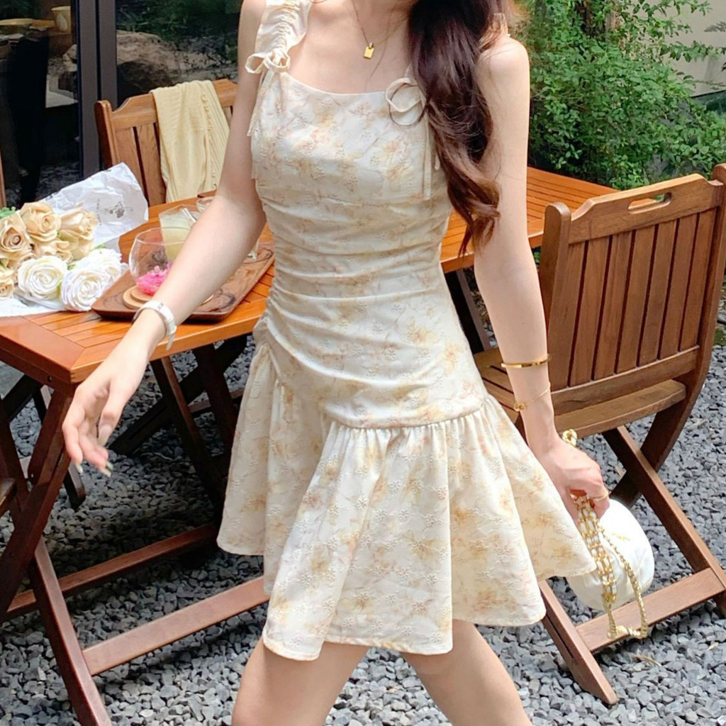 Vestido Floral Novo com Alças Elegantes Estilo Francês para Mulheres, Ajuste na Cintura, Vestido Curto com Alças que Ema