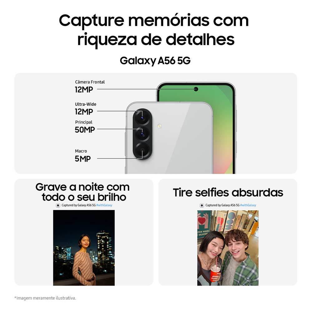Detalhes do Celular Samsung Galaxy A56 5G 256GB, 8GB RAM, Câmera 50MP, IP67, Super AMOLED 6.7