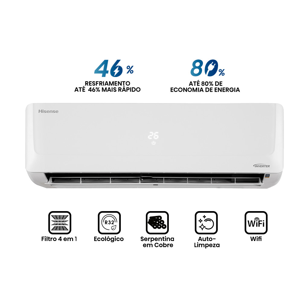 Detalhes do Ar Condicionado Split Hi Wall Inverter Hisense Wi-Fi 12000 BTU/h Quente e Frio AS-12UW2RLD00C – 220 Volts