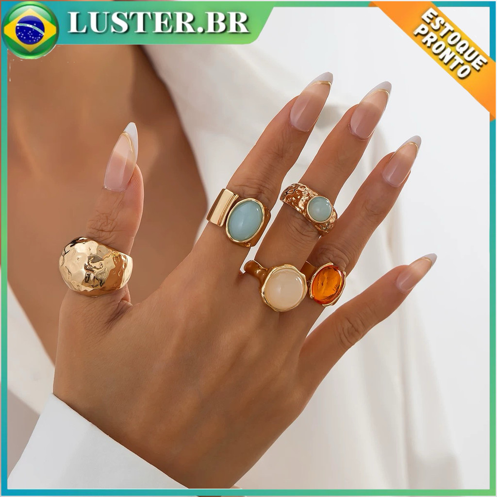 Conjunto de 5 Anéis Dourados Ajustáveis com Pedras Coloridas Acessórios Femininos Boho em Oferta na Shopee