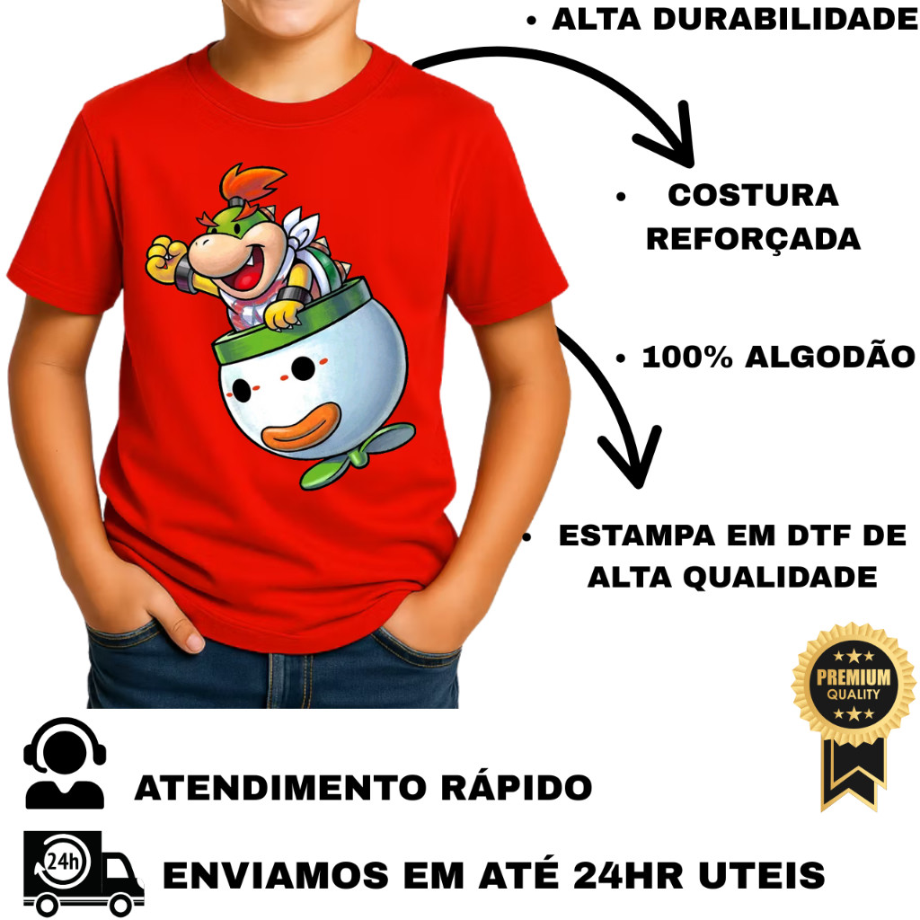 Camiseta Infantil Juvenil Browser Jr Super Mario Camisa Estampada 100% Algodão N2 ao 16 Tendencia