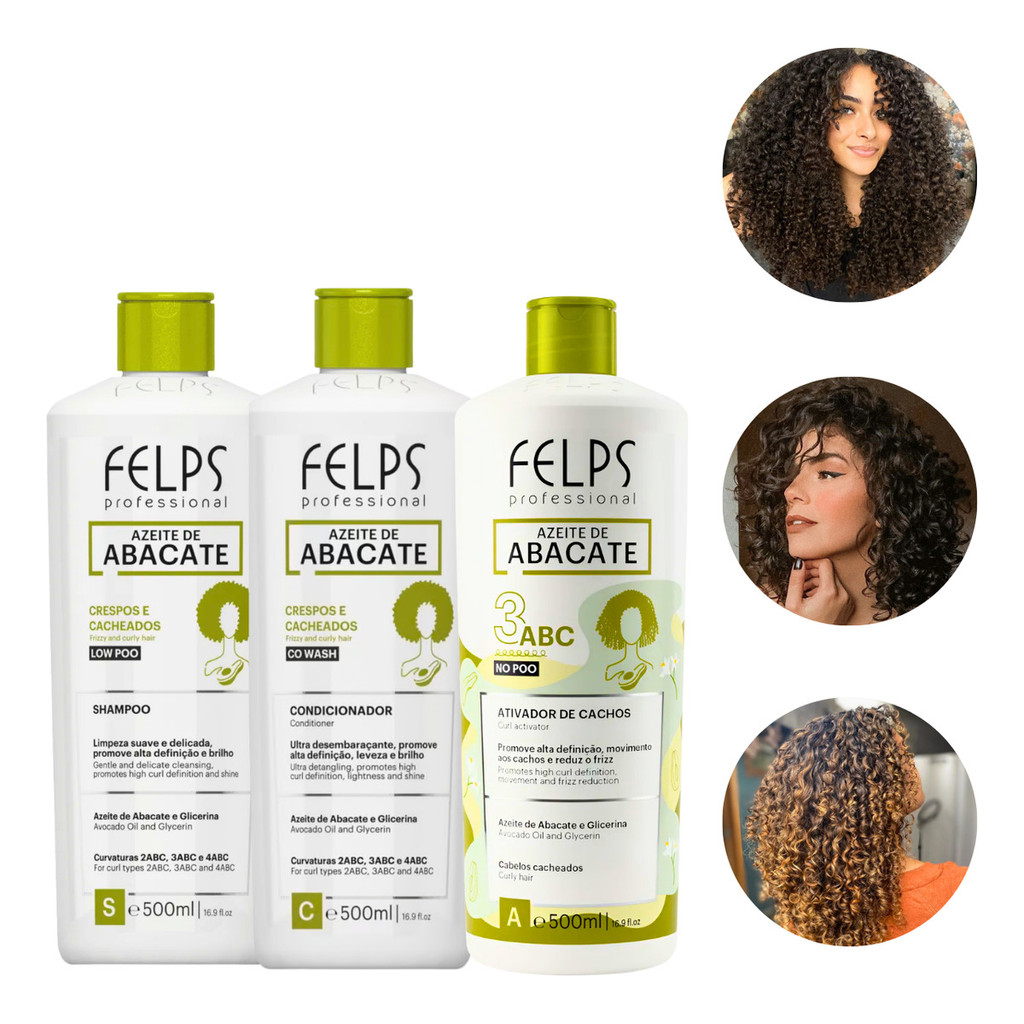 Kit Shampoo+Condicionador+Ativador de Cachos Finalização e Day After Felps Azeite de Abacate 500ml