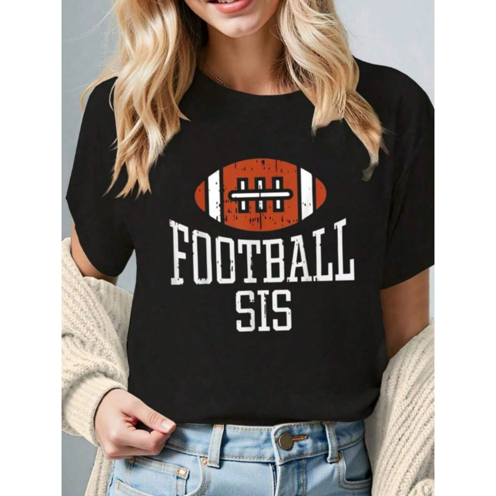Camiseta Esportiva Unissex Casual Plus Size Em Algodão Puro Com Estampa Retrô De Bola De Rugby E A Frase "FOOTBALL SIS"