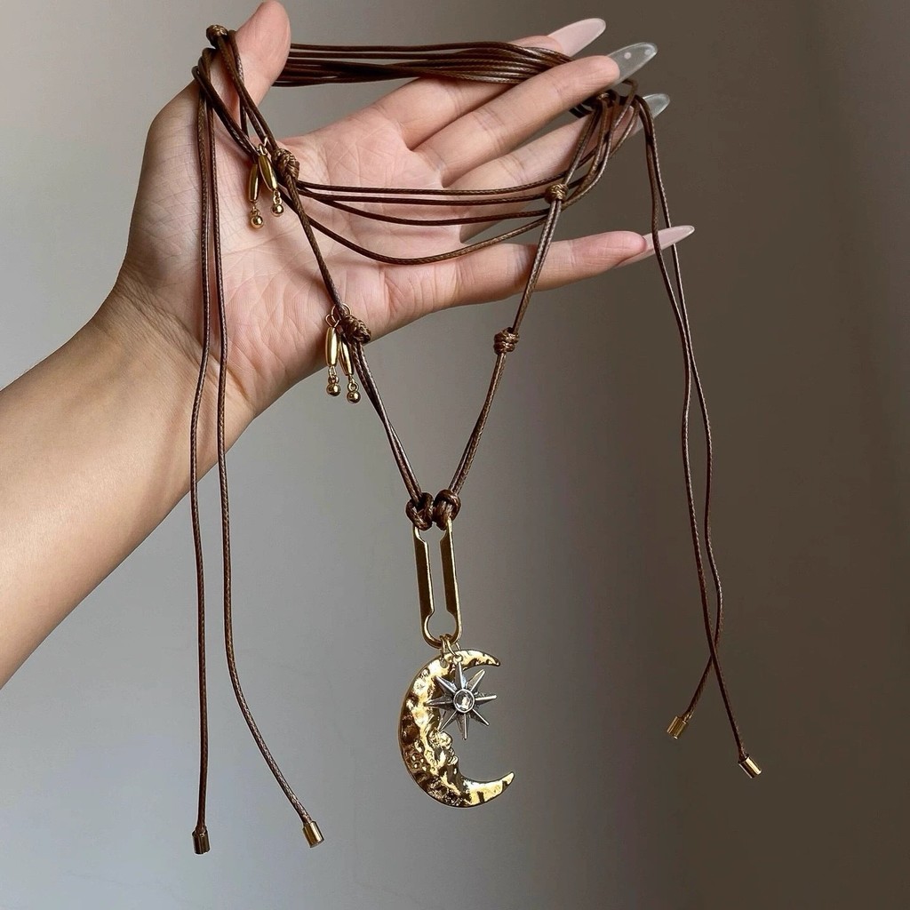 Medieval vintage crescente estrelas cera corda colar acessórios feminino ajustável All-Match primavera verão outono inve