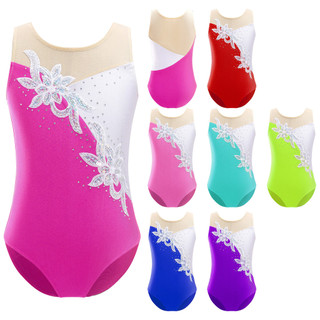 inhzoy Crianças Meninas Sem Mangas Malha Retalhos Lantejoulas Brilhantes Diamantes Falsos Adornados Collant Ballet Dança