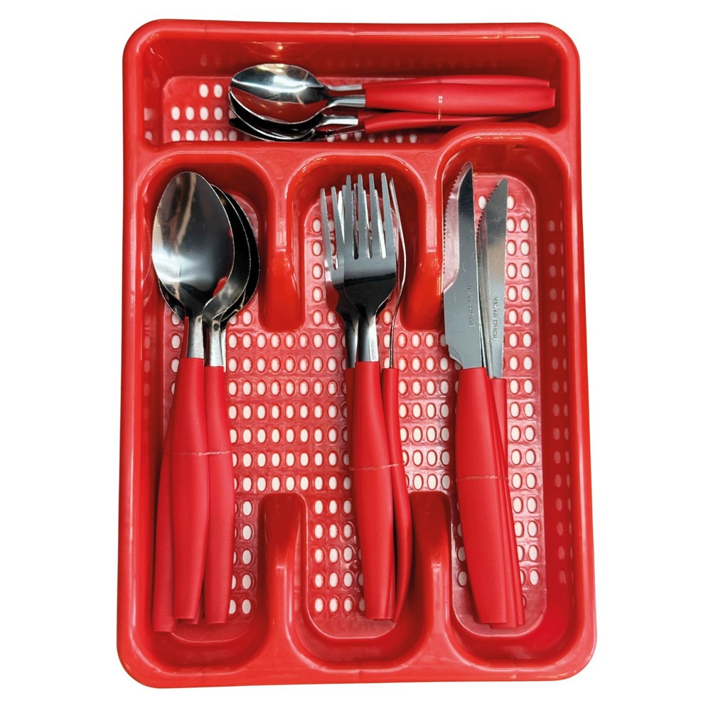 Faqueiro 17 Pecas Inox Cabo PP Vermelho com Suporte Gaveta