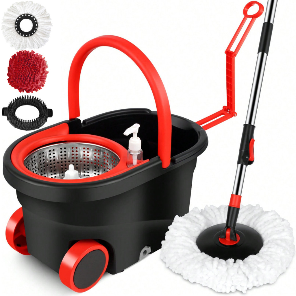 Mop Giratório Esfregão Cabo Grande 160cm Balde 16 Litros Inox 3 Refis e Dispenser Rodinhas e Alça Retrátil