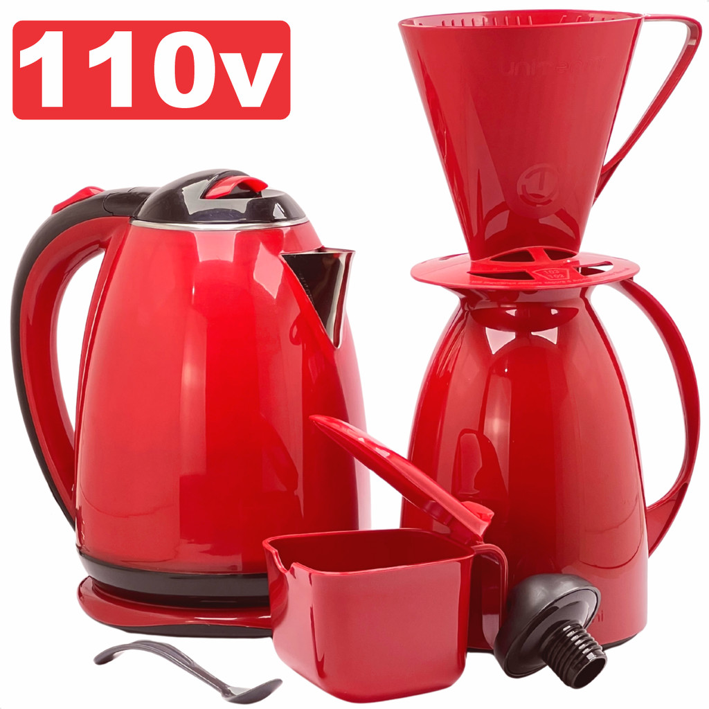 Kit Café Completo Garrafa Termica + Chaleira Elétrica Com Filtro Coador E Açucareiro Vermelho 110V