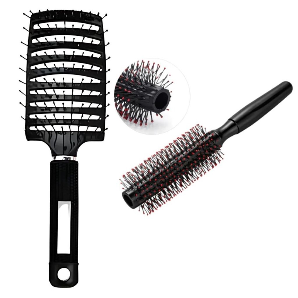Kit Escova Raquete Vazada Preta + Escova Cilindrica Anti-frizz