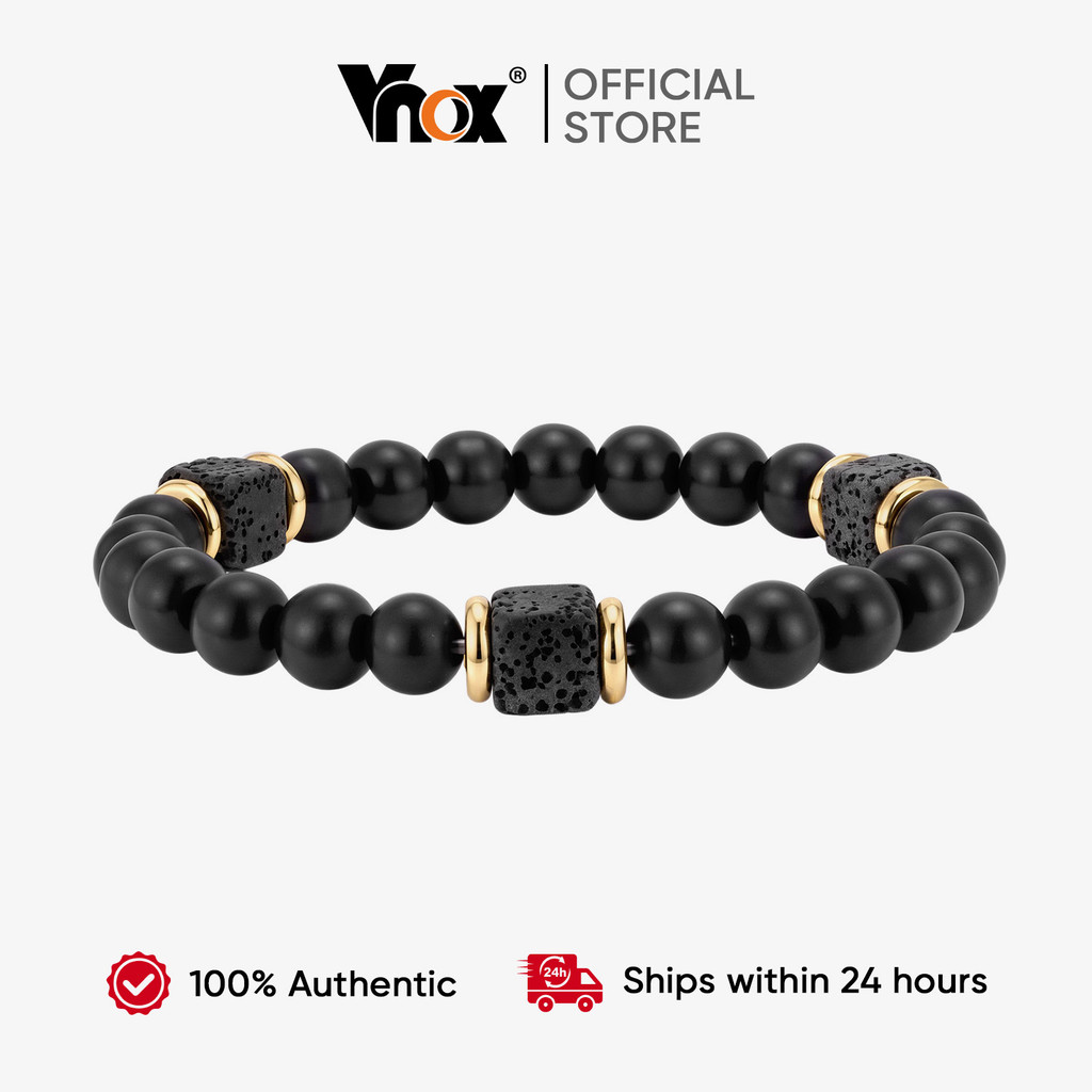 Vnox Venda Quente Preto Ônix Frisado Pulseira Para Homens Pedra Vulcânica Energia Moda Jóias Boa Sorte Presente