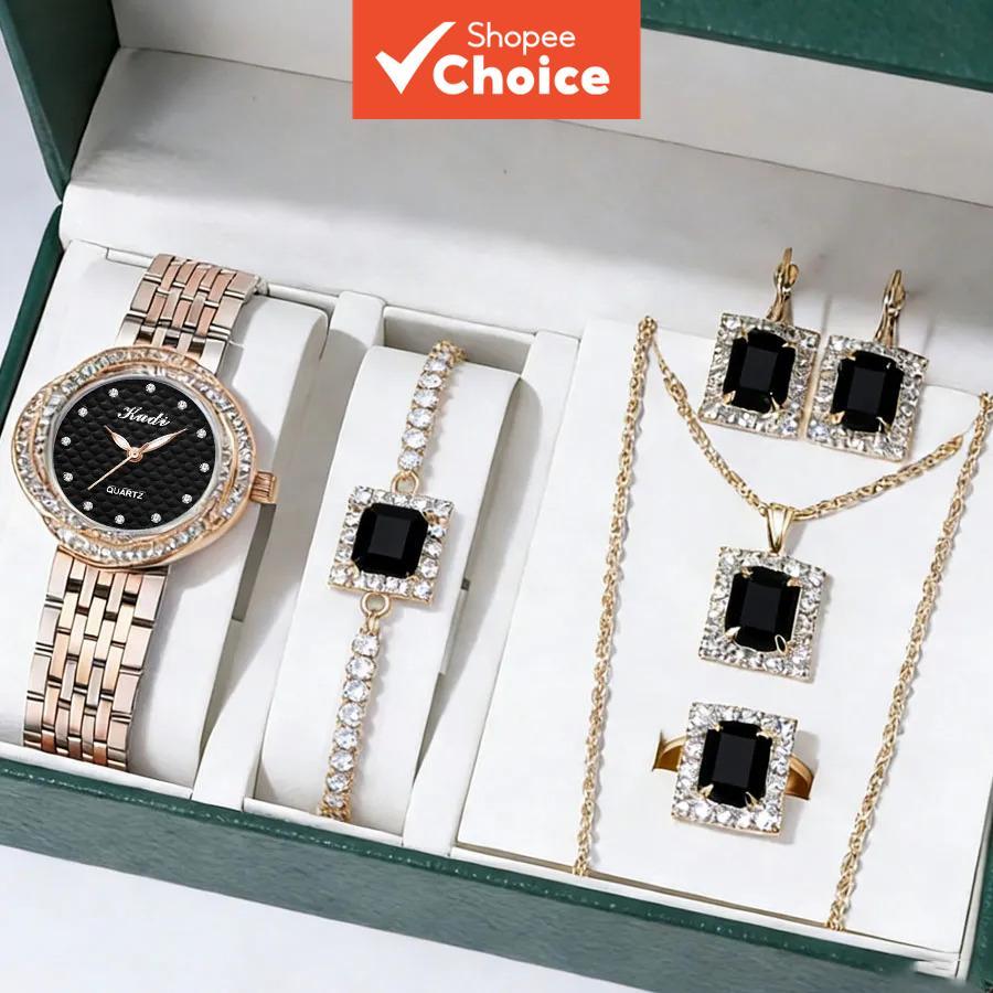 Conjunto De Relógio De Quartzo Floral De Diamante De Luxo Para Mulheres , Presente De 4 Peças De Negócios Luminosos Com 