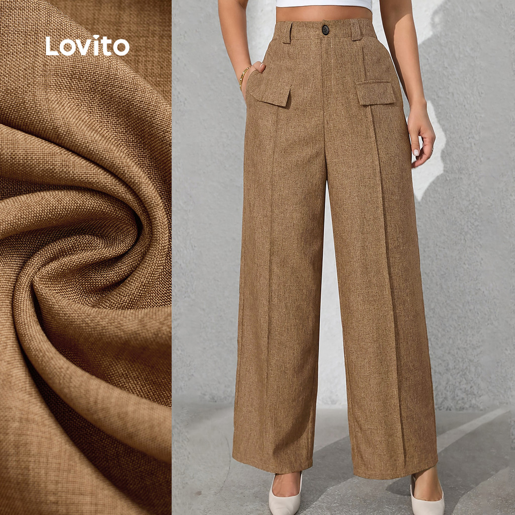 Lovito Calça Elegante com Bolso Falso com Zíper Primavera/verão Calça Cáqui para Mulheres LBL33101 em Oferta na Shopee