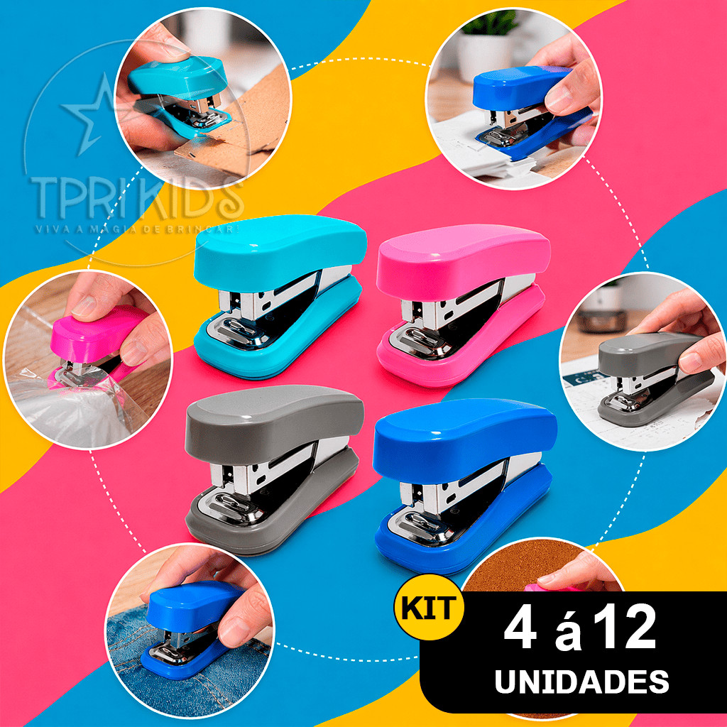 Kit 4 a 12 Mini Grampeador Até 15 Folhas Material Extrator Escolar Escritório Grampos 24/6 e 26/6