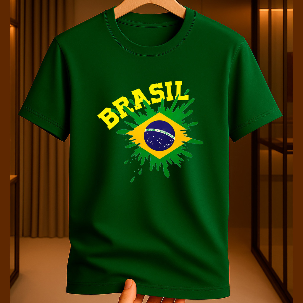 Camiseta 100% Algodão Infantil Bandeira do Brasil Copa Mundo Estampa Alegre Roupa Casual Criança Meninos Meninas Verde