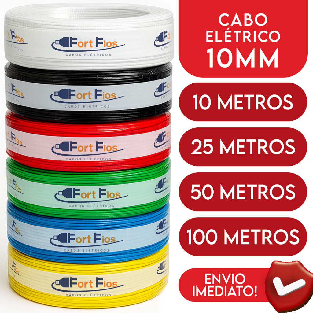 Fio Elétrico 10mm Cabo Flexível Rolo Com 10 25 50 e 100 Metros Anti-chamas 750v