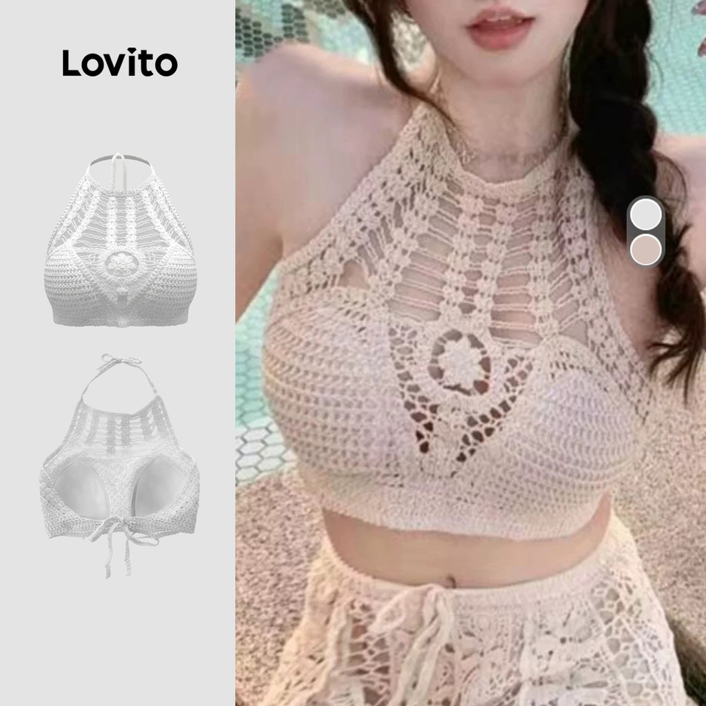 Lovito Férias Top de Biquíni com Ilhós e Recortes Branco Primavera/verão para Mulheres LNE141X009
