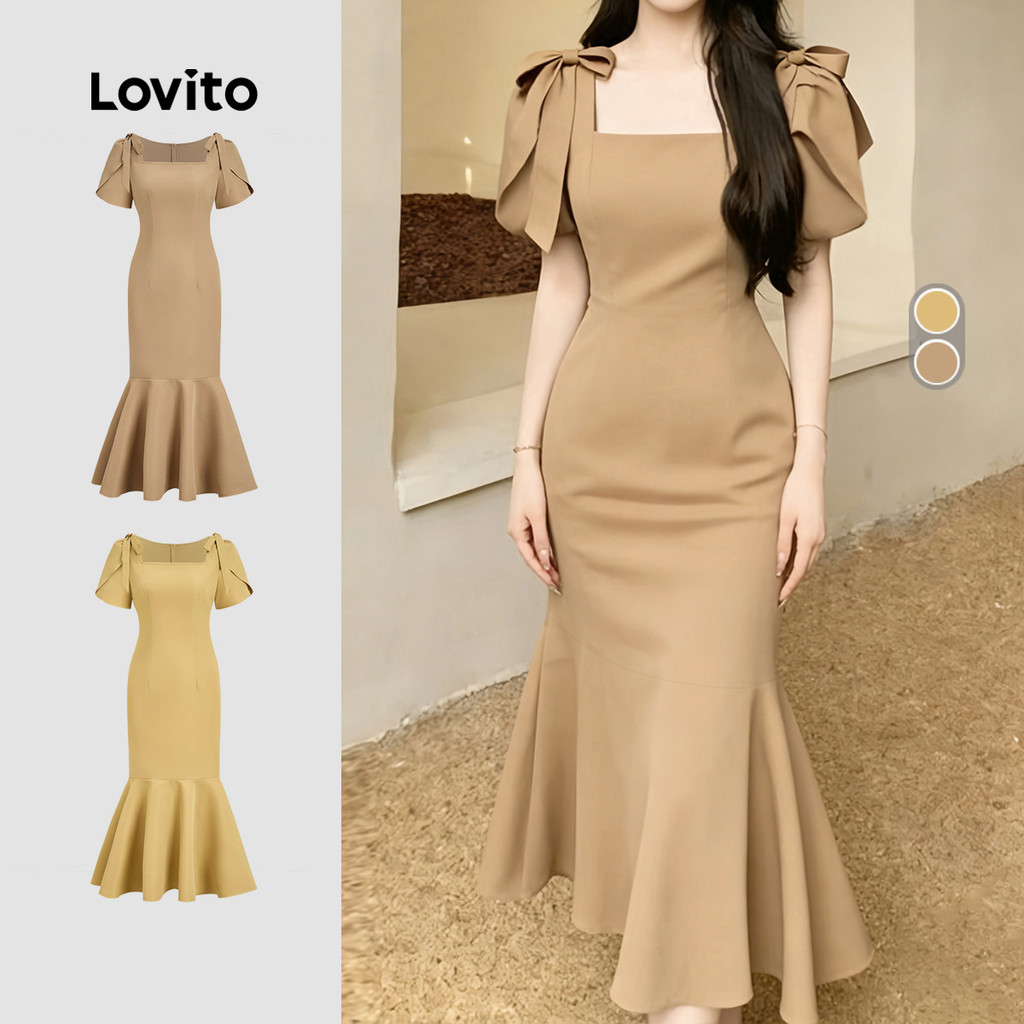 Vestido Feminino Lovito Elegante Nacional Leve para Primavera/verão com Cadarço Cor Cáqui Claro L172ED407